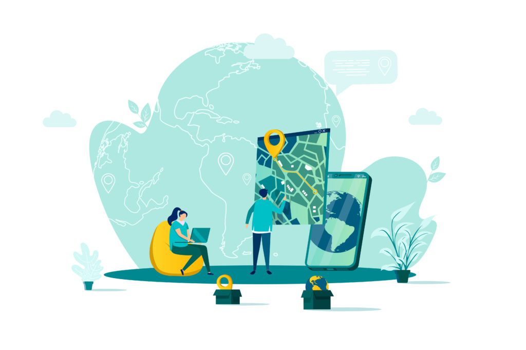 GPS navigation concept in flat style. Man uses GPS navigator scene. Navigate mapping technology, cartography and geolocation system banner. Vector illustration with people characters in work situation